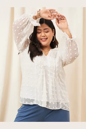 Berrylush Plus Size White Self Design V-Neck Puff Sleeve Top