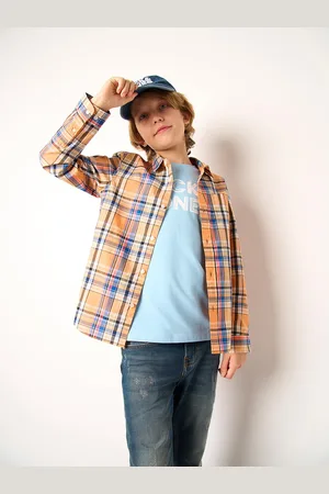 JACK & JONES Boys Tartan Checked Spread Collar Cotton Regular Fit Casual Shirt