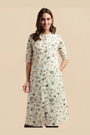 Mirchi Fashion Floral Printed Mandarin Collar Roll-Up Sleeves A-Line Kurta