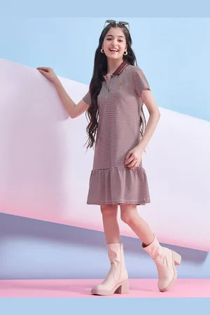 Stylo Bug Girls Shirt Collar Checked T-shirt Dress