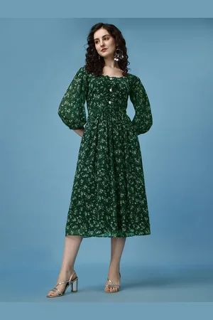 Kalini Floral Printed Puff Sleeves Georgette Fit & Flare Midi Dress