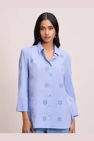 20Dresses Light Blue Floral Embroidered Broad Cuffs Sleeves Schiffli Shirt