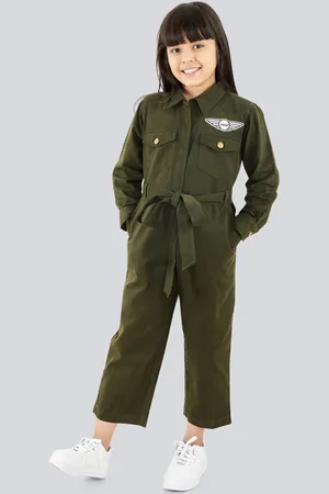 OLELÉ Girls Shirt Collar Waist Tie-Ups Cotton Basic Jumpsuit