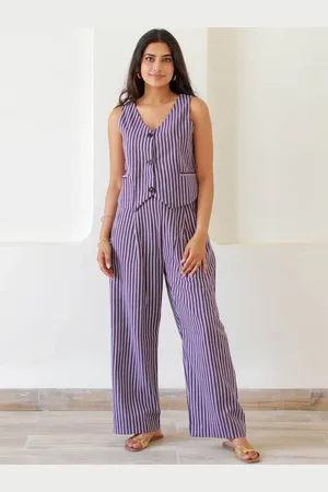 Ambraee Striped Pure Cotton Top & Palazzos Co-Ords Set