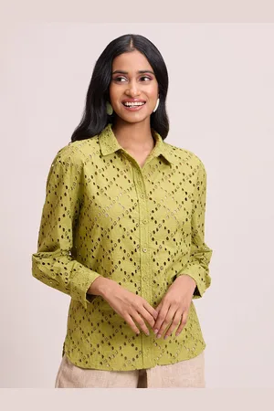 20Dresses Lime Green Pointed Collar Full Sleeves Schiffli Shirt