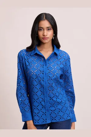 20Dresses Royal Blue Pointed Collar Full Sleeves Schiffli Shirt