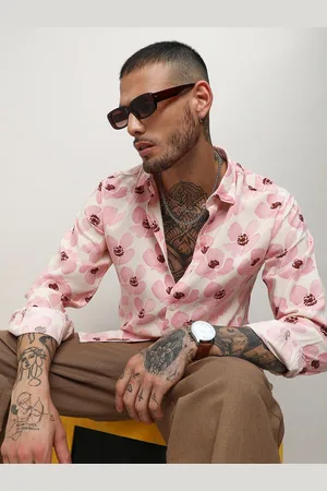 Campus Pink Classic Floral Printed Spread Collar Long Sleeves Casual Shirt
