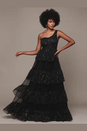 Bebe Party Embellished One Shoulder Ruffled Tiered A-Line Maxi Dress