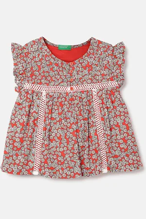 Benetton Girls Floral Print Flutter Sleeve Fit & Flare Dress