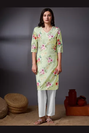 Ishin Women Floral Printed V-Neck Pure Crepe Lace Straight Kurta