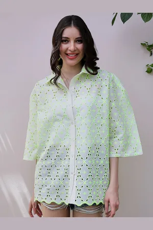 ATHENA Floral Print Flared Sleeve Semi Sheer Cotton Schiffli Shirt Style Top