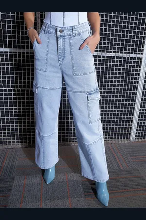 Sassafras Women Straight Fit High-Rise Heavy Fade Stretchable Cargo Jeans