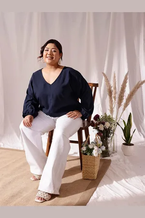 CURVY STREET Plus Size Self Design V-Neck Puff Sleeves Regular Top