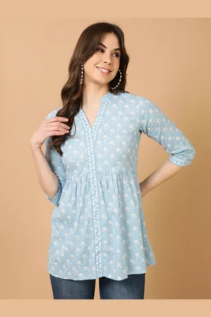 Antaran Floral Printed Mandarin Collar Gathered Pure Cotton Tunic