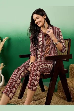Sangria Maroon Printed Shirt Collar Shirt With Trousers