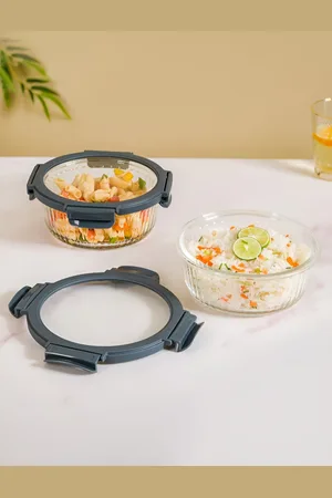 Nestasia Transparent & Grey 2 Pieces Microwave Safe Glass Lunch Boxes 950 ml