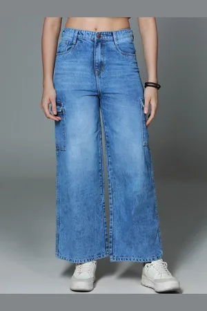 High Star Women Wide Leg High-Rise Clean Look Light Fade Cargo Style Cotton Jeans