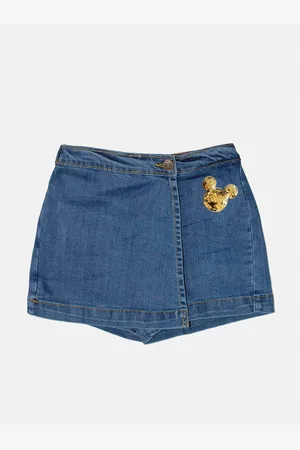 KiddoPanti Girls Blue Embellished Denim Denim Skorts