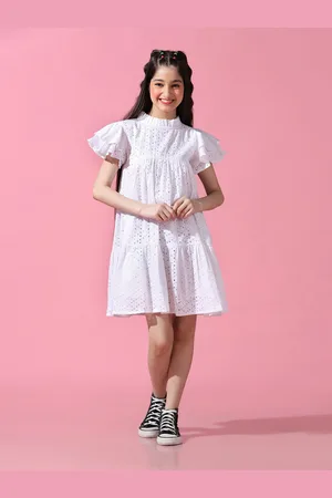 Cherry & Jerry Girls Round Neck Schiffli Cotton A-Line Dress