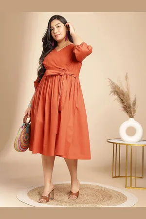 Janasya Plus Size Fit & Flare Tie-Ups Cotton Midi Dress