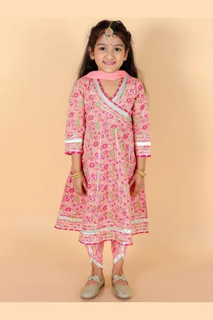 Stuffie Land Girls Floral Printed Angrakha Pure Cotton Kurta with Salwar & With Dupatta