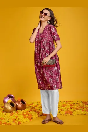 Ishin Floral Printed Short Sleeves Chanderi Silk Kurta