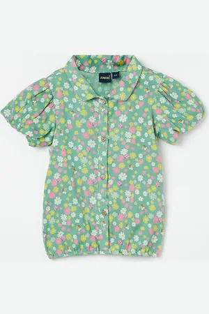 Lifestyle Girls Floral Printed Puff Sleeve Cotton Shirt Style Top