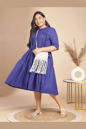 Janasya Plus Size Round Neck Belted Tiered Cotton A-Line Midi Dress