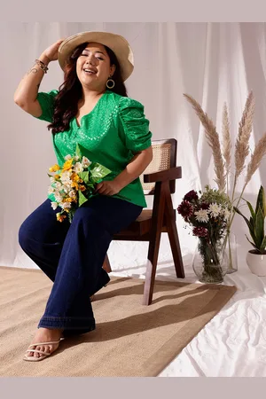 CURVY STREET Plus Size V-Neck Puff Sleeves Jacquard Satin Regular Top