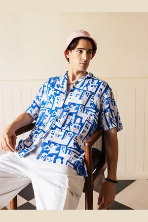 Bewakoof White & Blue Printed Oversized Shirt