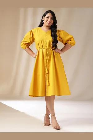 Janasya Plus Size V-Neck Puff Sleeve Tie-Ups Cotton Fit & Flare Dress