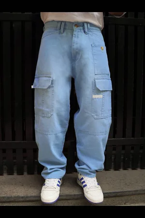 Powerlook Men Clean Look Boyfriend Fit Light Fade Cotton Denim Baggy Fit Cargo Jeans