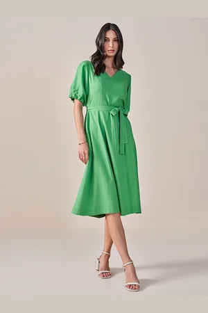 AND V-Neck Puff Sleeves Tie-Ups A-Line Dress