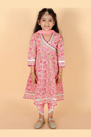 Stuffie Land Girls Floral Printed Angrakha Pure Cotton Kurta with Salwar & Dupatta