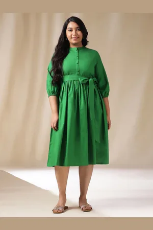 Janasya Plus Size Puff Sleeve Band Collar Belted Fit & Flare Dress