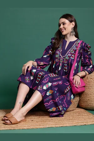 Sangria Geometric Print Puff Sleeves Embellished A-Line Ethnic Dress