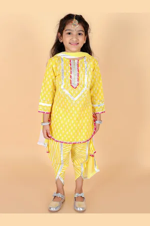 Stuffie Land Girls Floral Printed Angrakha Pure Cotton Kurta with Salwar & With Dupatta
