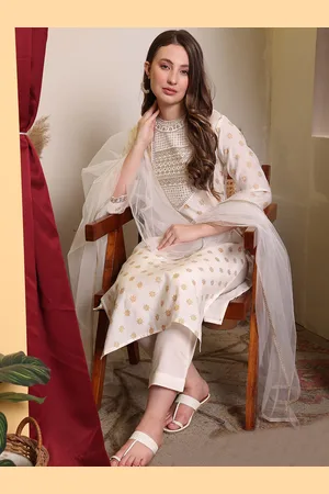 House of Pataudi Embroidered Printed Round Neck Three-Quarter Sleeves Straight Kurta Set