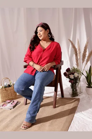 CURVY STREET Plus Size V-Neck Cuffed Sleeves Shirt Style Top