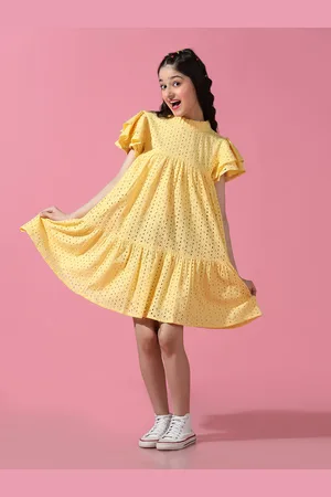Cherry & Jerry Girls Self Design Flutter Sleeves Schiffli Cotton A-Line Dress