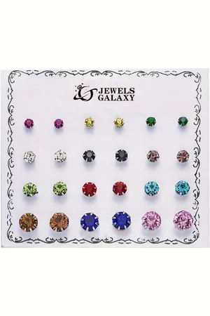 Jewels Galaxy Set Of 12 Gold Plated Artificial Stones Studded Contemporary Studs Earrings