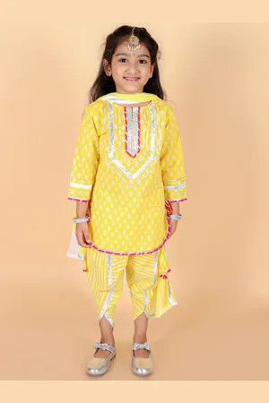 Stuffie Land Girls Printed Pure Cotton Straight Kurta With Dhoti Pants & Dupatta