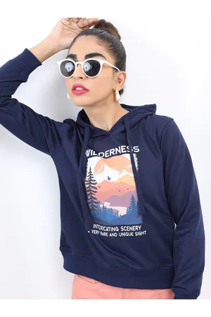 Ketch Women Navy Blue Printed Cotton Hooded Sweatshirt