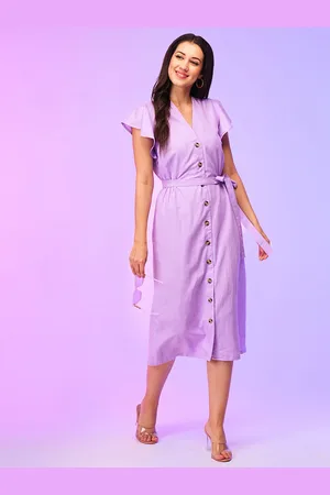 Globus Lavender-Coloured V-Neck Flared Sleeves A-Line Midi Dress With Belt