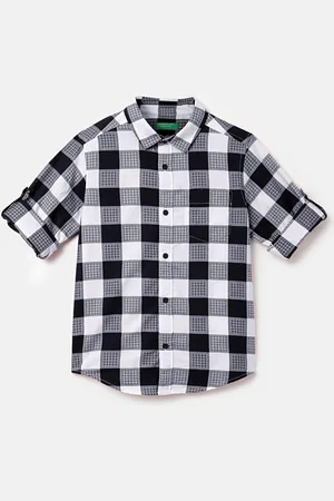 Benetton Boys Gingham Checked Roll Up Sleeves Pure Cotton Shirt