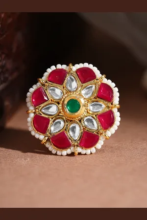 Rubans Women 22K Gold-Plated Kundan-Studded & Pearls Beaded Adjustable Finger Ring