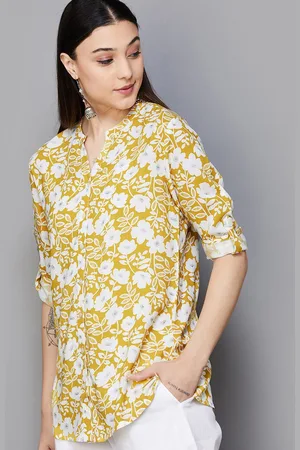 Lifestyle Floral Printed Mandarin Collar Roll-Up Sleeves Tunics