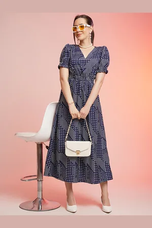 Kalini Geometric Printed V-Neck Gathered or Pleated Crepe A-Line Maxi Dress