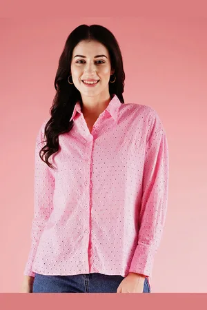 Globus Self Design Cuffed Sleeves Cotton Schiffli Shirt Style Longline Top