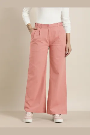 HERE&NOW Women Solid Pure Cotton Pleated Parallel Trousers